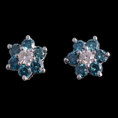 Lot 323 - A pair of blue diamond cluster earrings