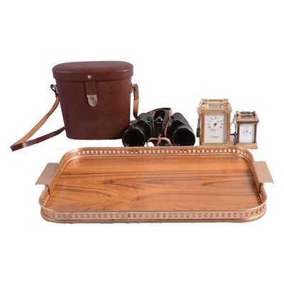 Lot 128 - Two brass carriage clocks, a pair of binoculars, and a tray