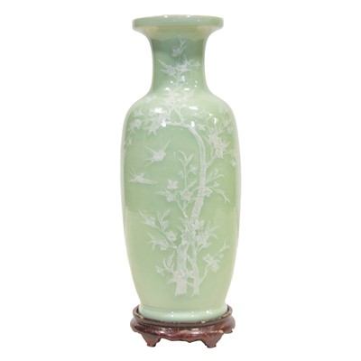 Lot 57 - Large Chinese celadon ground vase, with white pate-sur-pate decoration