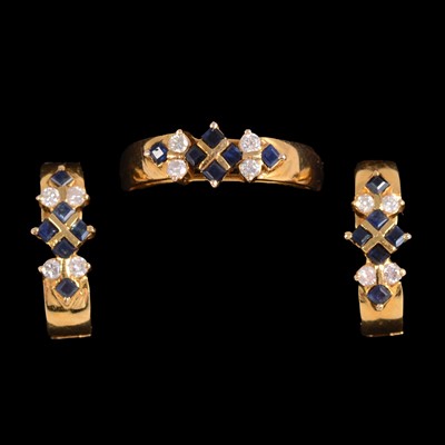 Lot 174 - A sapphire and diamond ring, and pair of matching earrings.