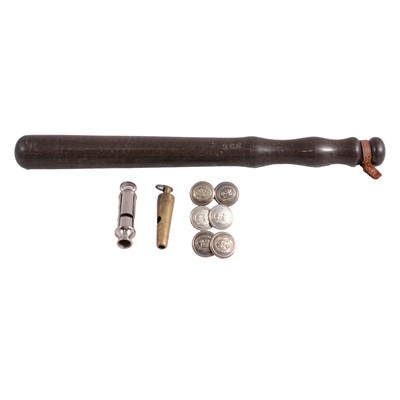 Lot 157 - A police truncheon, Liverpool brass police whistle, another whistle, cape buttons.