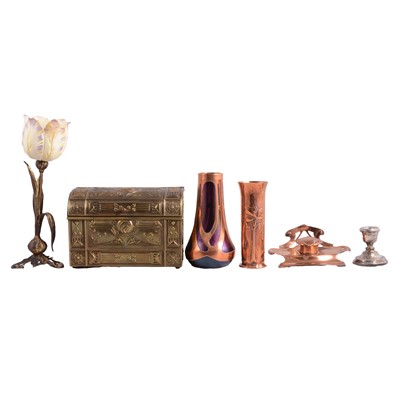 Lot 124 - Arts & Crafts copper tray, two desk stands, etc.