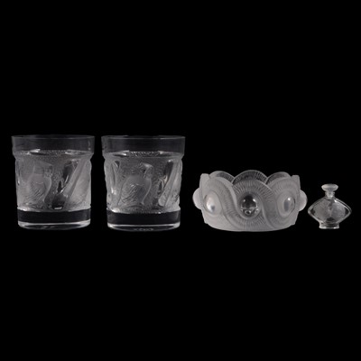 Lot 66 - Lalique Gao cendrier; Kiss scent bottle; and owl whisky tumbler
