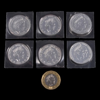Lot 322 - Six £20 silver coins, and a 2017 £1 bi-metallic uncirculated coin.