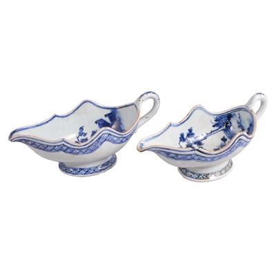 Lot 7 - Near pair of Chinese export porcelain blue and white sauce boats