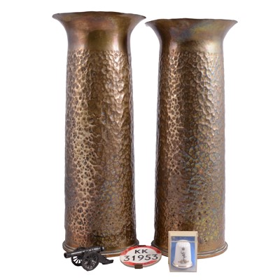 Lot 121A - Pair of trench art vases, badge, thimble and miniature model canon