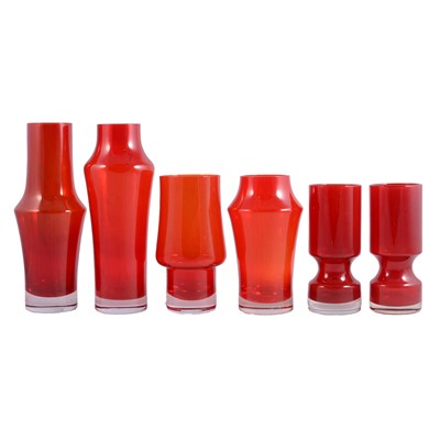 Lot 23 - Tamara Aladin for Riihimaki, four red glass vases and a pair of vases by Per Olof Strom for Alasterfors
