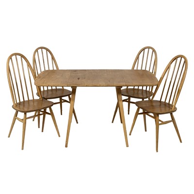 Lot 470 - Ercol, drop-leaf table, table extension, and four Quaker dining chairs