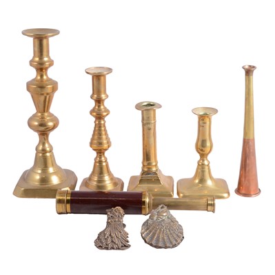 Lot 123 - Telescope, two pairs of brass candlesticks, and two other brass candlesticks, etc.