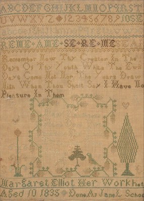Lot 336 - Small Georgian spot sampler, two other samplers and a needlework panel