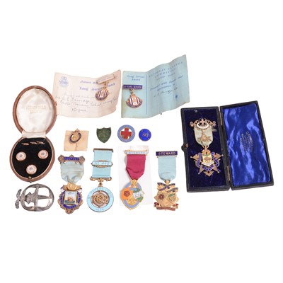 Lot 252 - Three silver gilt and enamelled Masonic jewels, etc.