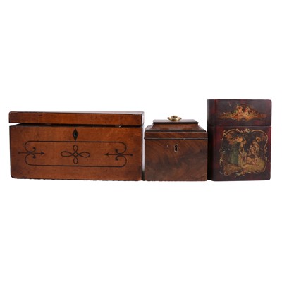 Lot 160 - George III mahogany green tea caddy, three other tea caddies and a papier mache book shaped box