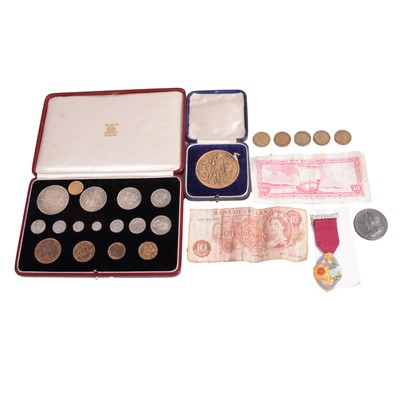 Lot 249 - A 1937 Specimen Coin Set, royal medals, bank notes, and Masonic jewel.