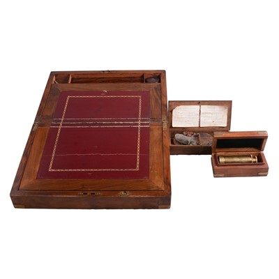 Lot 143 - Victorian figured walnut writing box; a set of beam balance scales; and a small brass telescope.