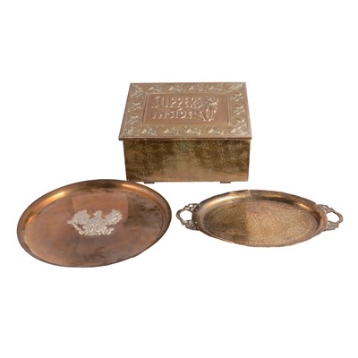Lot 125 - Embossed brass slipper box; Prussian circular tray; Indian brass oval tray