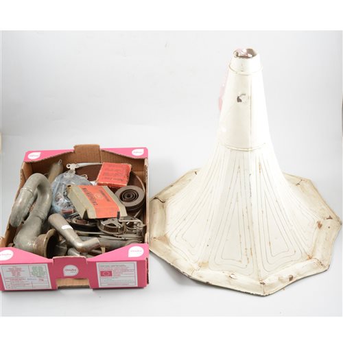 Lot 143 - Wind up gramophone parts, including two motors, a horn, a turntable and springs. (2 boxes)