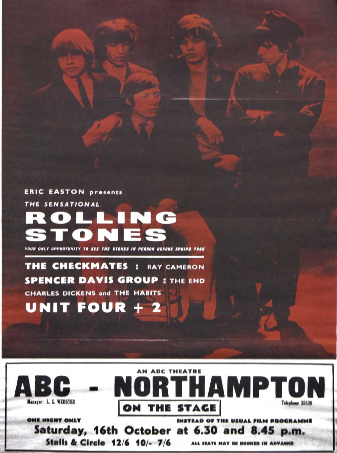 Lot 419 - The Rolling Stones; reproduction poster 'ABC theatre' Northampton, framed and glazed