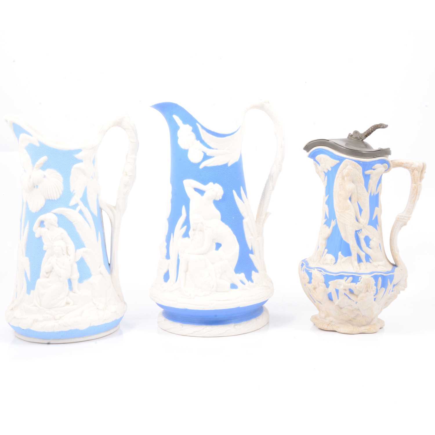 Lot 50 - Parian Death of Abel jug, Amphitrite jug and a Paul et Virginie jug