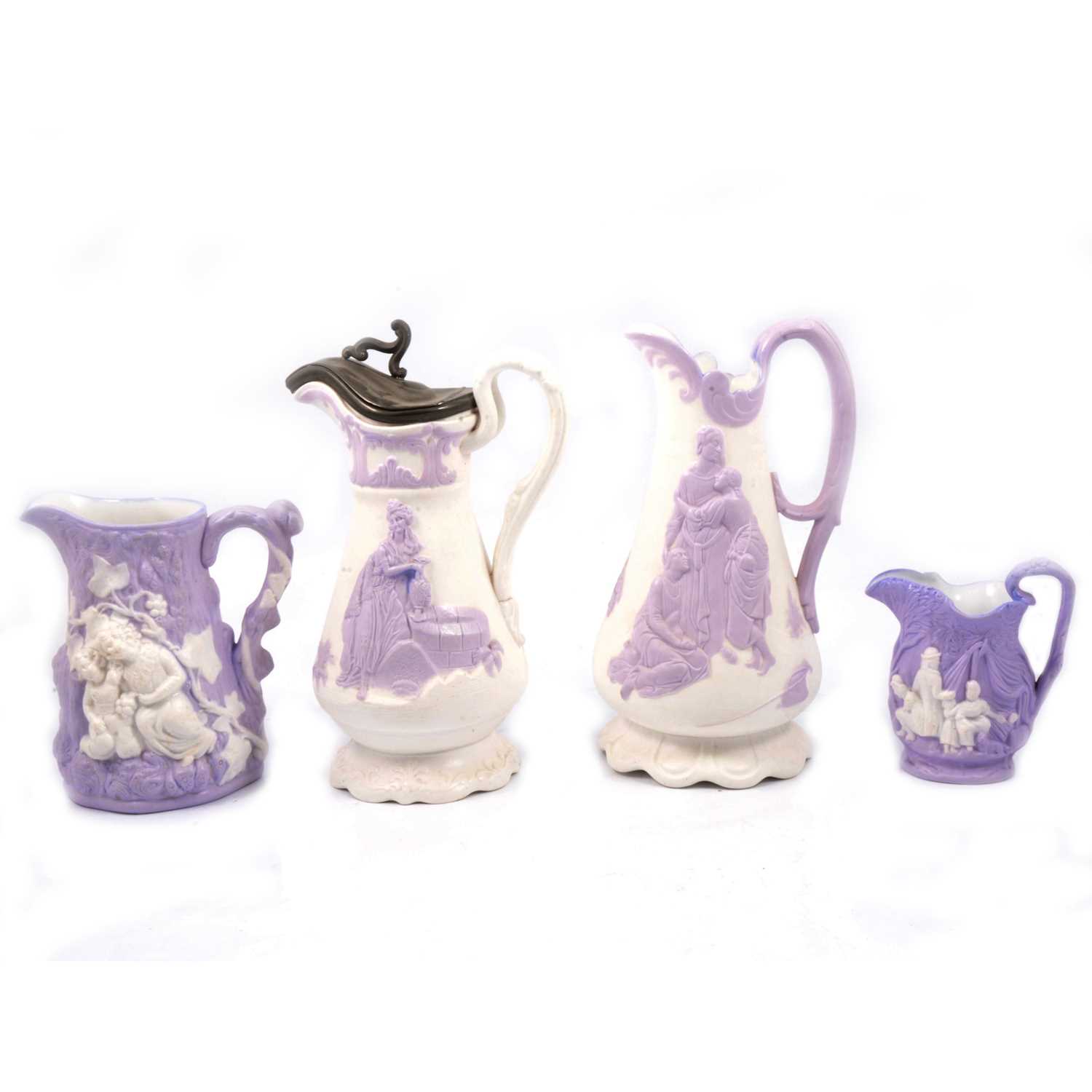 Lot 58 - Parian Naomi jug, Rebecca at the well jug, Gypsy jug and Babes in the Wood jug