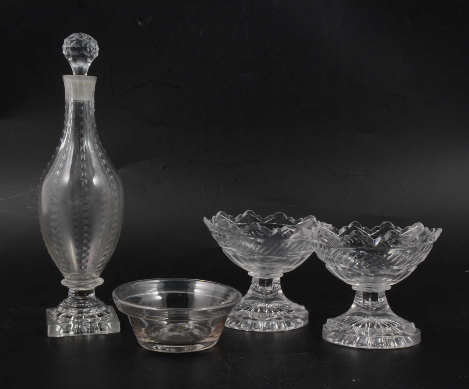 Lot 21 - Pair of Regency glass salts, vinegar bottle and patty pan
