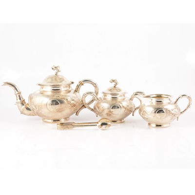 Lot 45 - Chinese silver three piece teaset with sugar tongs and a rosewood tray