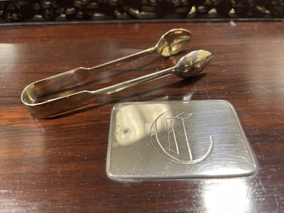 Lot 45 - Chinese silver three piece teaset with sugar tongs and a rosewood tray