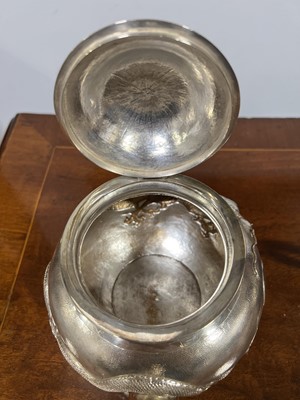 Lot 45 - Chinese silver three piece teaset with sugar tongs and a rosewood tray