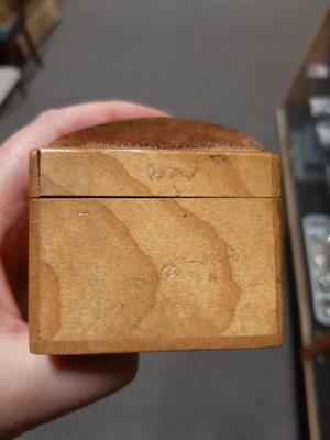 Lot 17 - Mauchline ware boxes, napkin rings, marquetry pin cushions, and other wooden items.