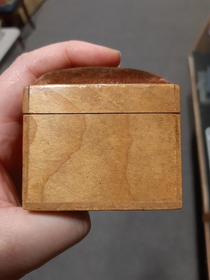 Lot 17 - Mauchline ware boxes, napkin rings, marquetry pin cushions, and other wooden items.
