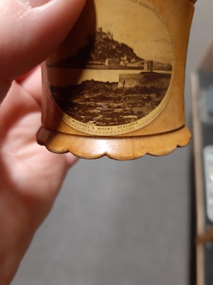 Lot 17 - Mauchline ware boxes, napkin rings, marquetry pin cushions, and other wooden items.