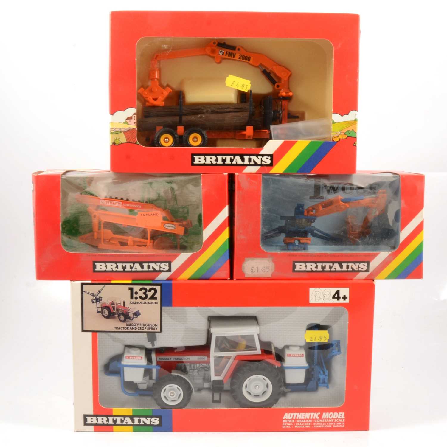 Lot 246 - Britains Farm toys, four including 9615 Massey Ferguson tractor and crop spray etc