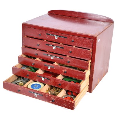 Lot 1047 - Meccano wooden dealers cabinet, six drawers and parts.