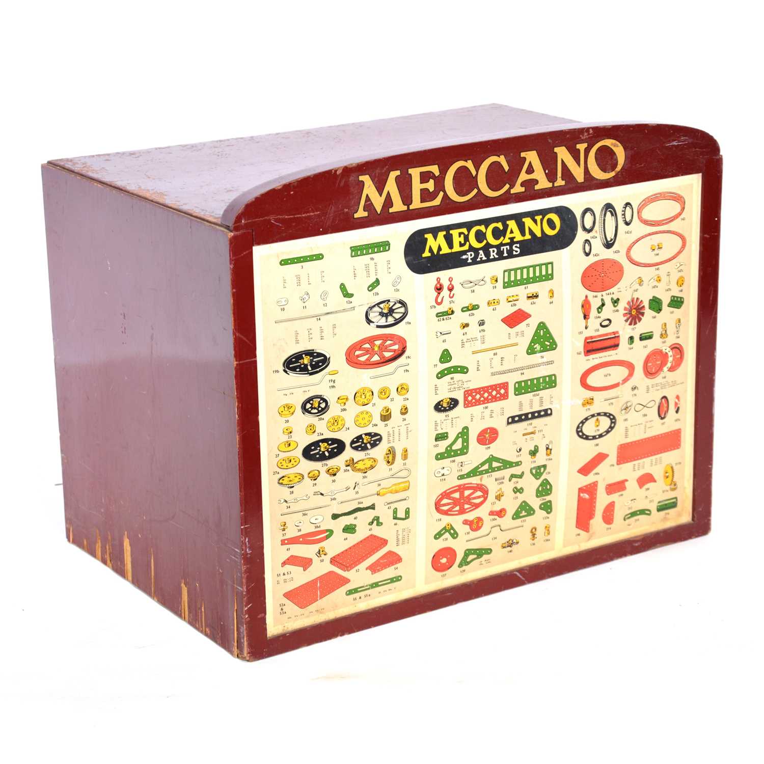 Lot 1047 - Meccano wooden dealers cabinet, six drawers and parts.
