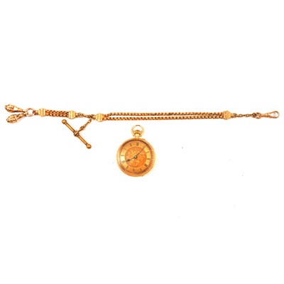 Lot 323 - An 18 carat gold open face pocket watch and metal Albert watch chain.