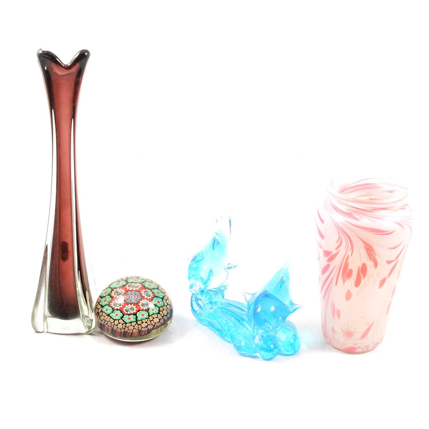 Lot 42 - Millefiori paperweight and a small collection of coloured art glass.