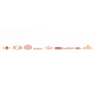Lot 50 - Nine pink and red gemstone rings, natural and synthetic gemstones.
