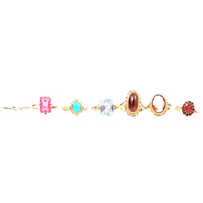 Lot 55 - Seven gemset gold rings, cameo, amethyst, turquoise and others.