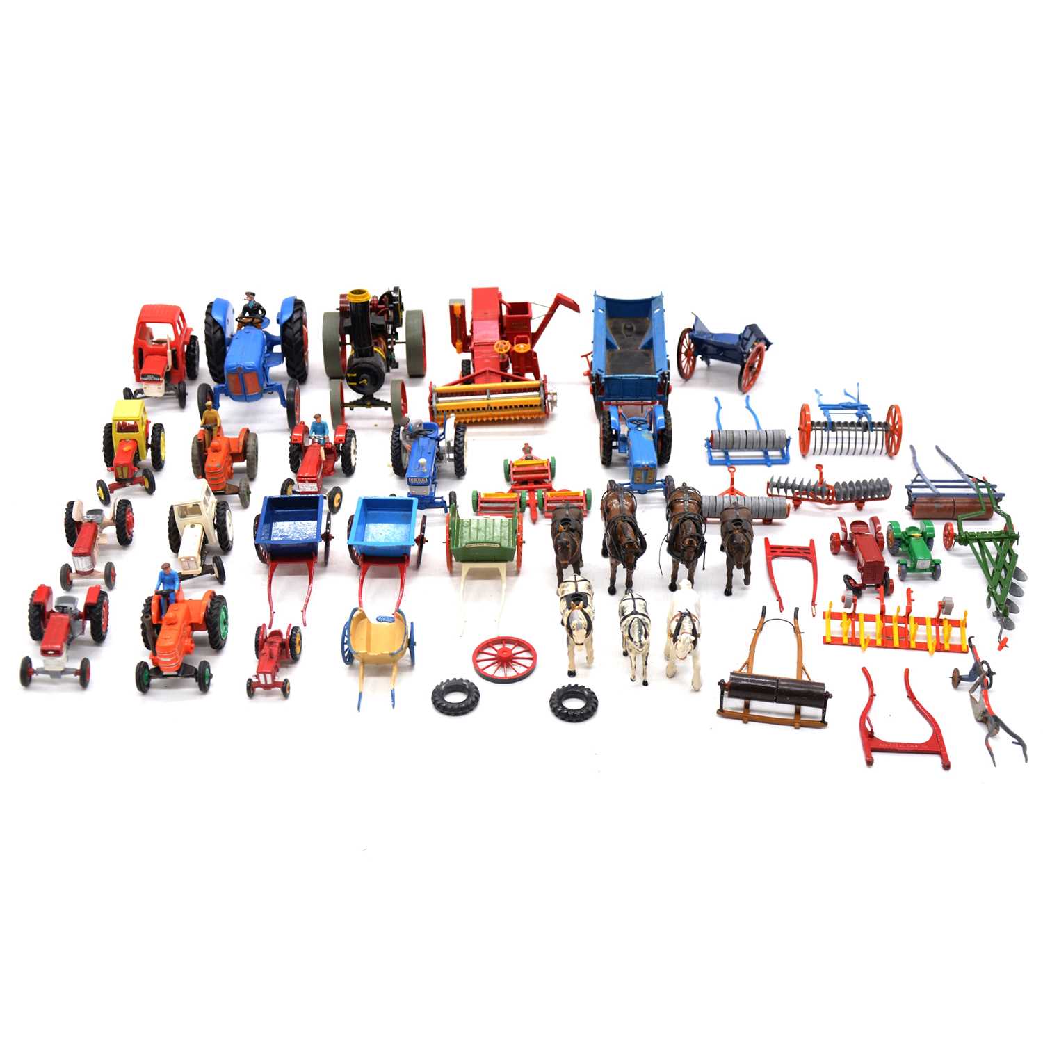 Lot 12 - A tray of model farm vehicles and equipment, including Dinky, Britains, Matchbox, and others