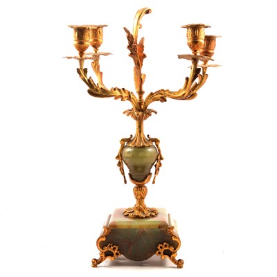 Lot 36 - Early 19th century needlework panel in a gilt frame, mirror, and a brass and onyx candelabra