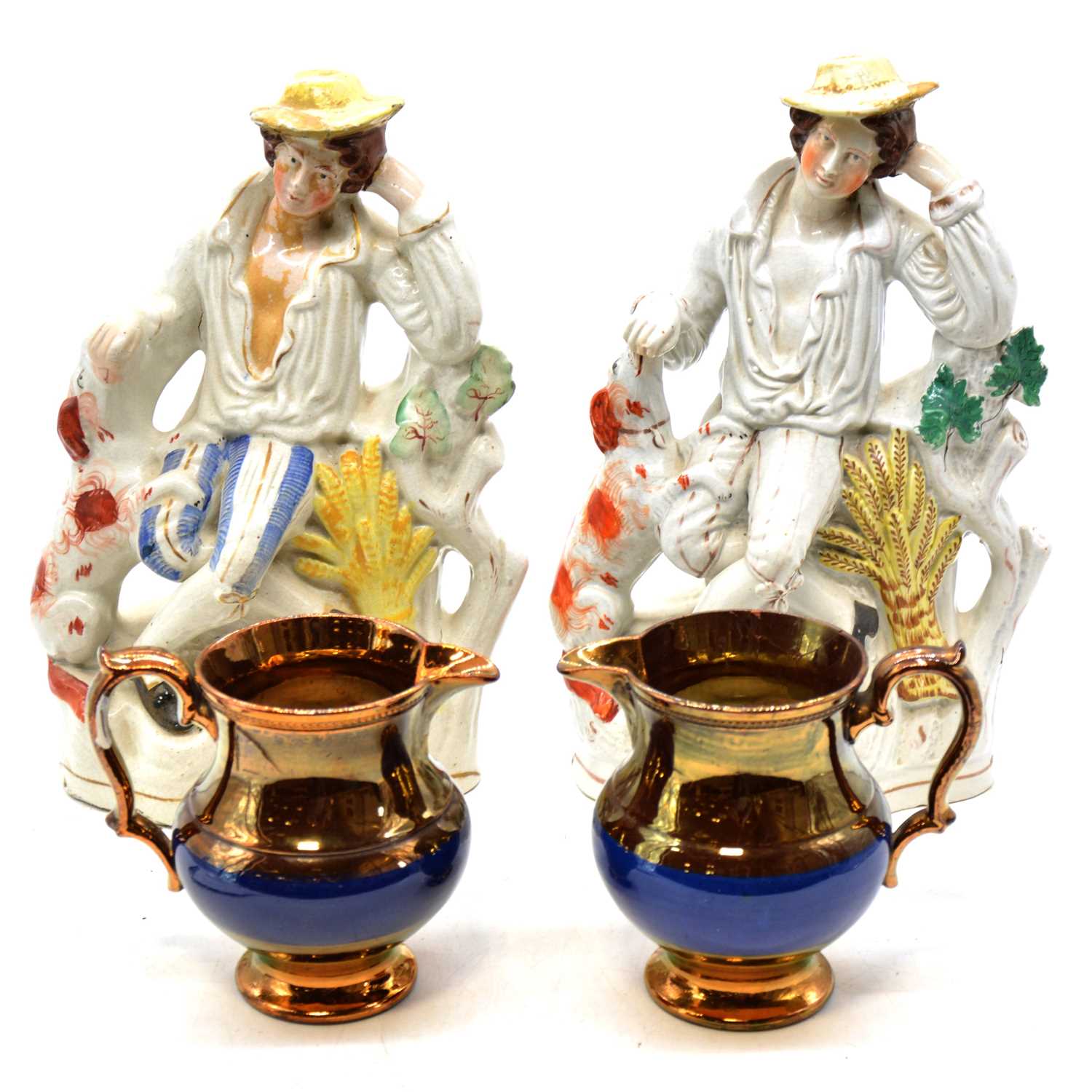 Lot 43 - Two Staffordhisre flatback figures, and a pair of lustre jugs