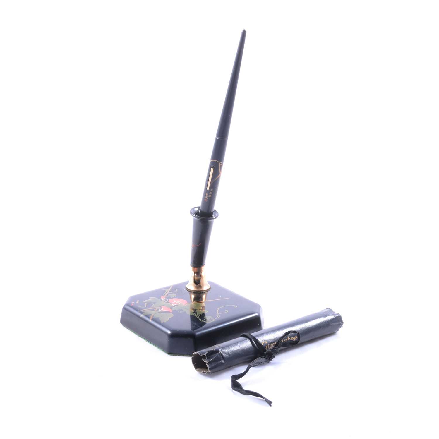 Lot 62 - Dunhill Namiki fountain pen on square form desk stand, with paperwork