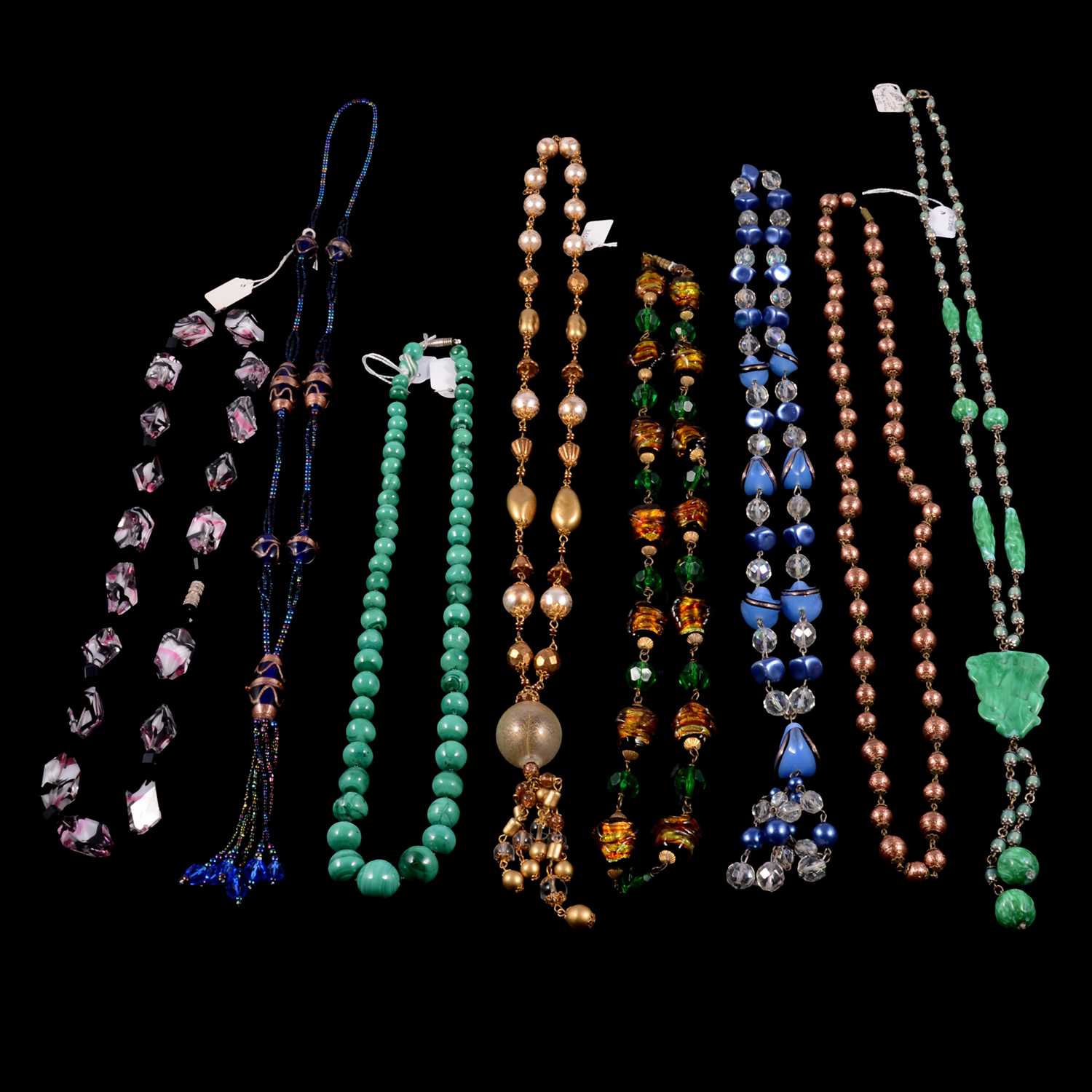 Lot 386 - Eight vintage bead necklaces and sautoirs.