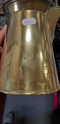 Lot 235 - Copper jardiniere, copper and brass watering can, scales, blow torch and other brasswares.