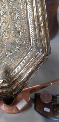 Lot 235 - Copper jardiniere, copper and brass watering can, scales, blow torch and other brasswares.