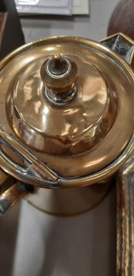 Lot 235 - Copper jardiniere, copper and brass watering can, scales, blow torch and other brasswares.
