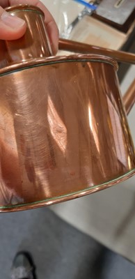 Lot 235 - Copper jardiniere, copper and brass watering can, scales, blow torch and other brasswares.