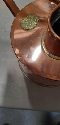 Lot 235 - Copper jardiniere, copper and brass watering can, scales, blow torch and other brasswares.