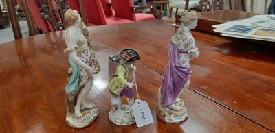 Lot 149 - Three Meissen figures, Grape Picker Boy, two allegorical figures of The Seasons.