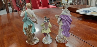 Lot 149 - Three Meissen figures, Grape Picker Boy, two allegorical figures of The Seasons.
