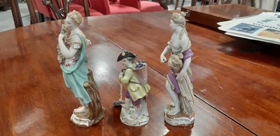 Lot 149 - Three Meissen figures, Grape Picker Boy, two allegorical figures of The Seasons.